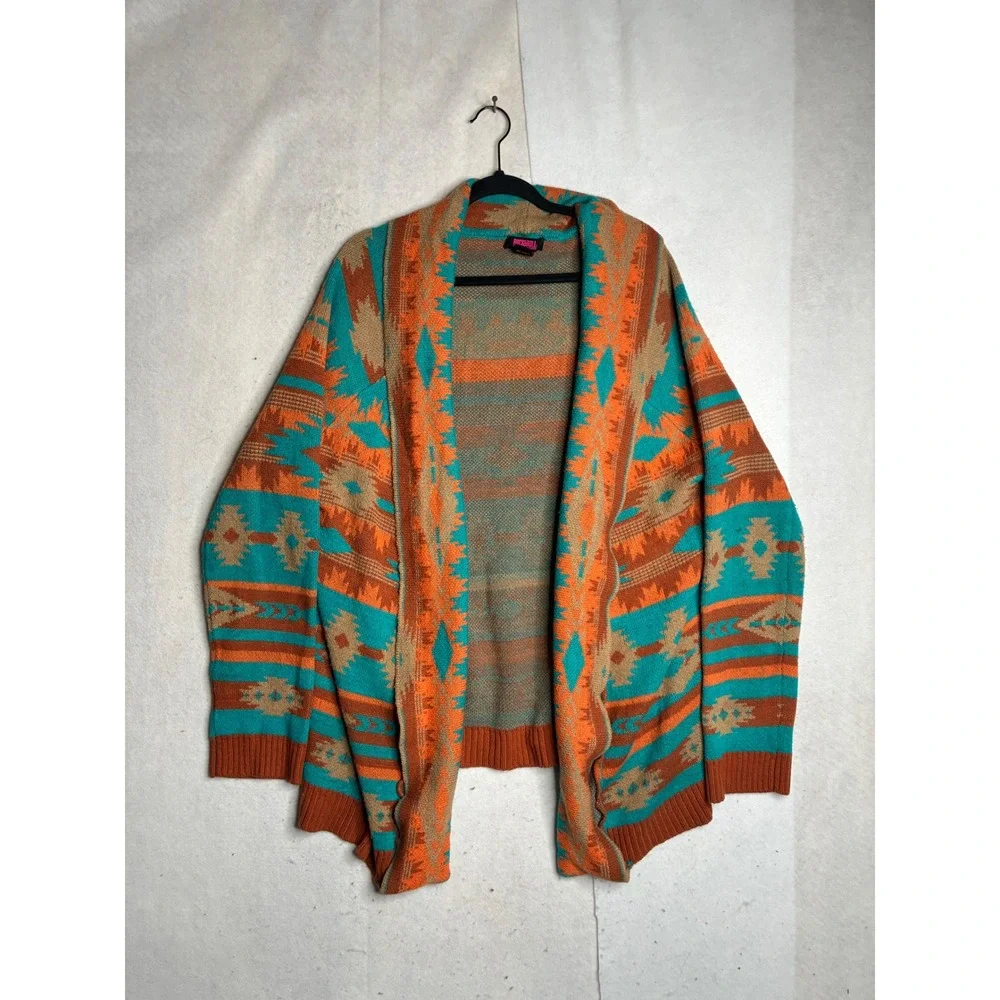 Rock and Roll Cowgirl XL Southwestern Aztec Open Front Cardigan Orange Teal Tan - Picture 1 of 10